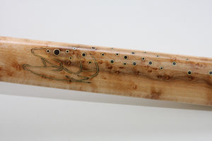 Close up of brown trout inlay into custom fly fishing net handle.