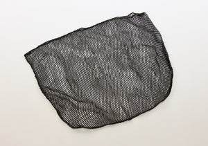 Black landing net bag against a white back ground. 