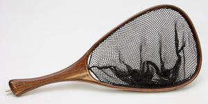 Wooden fly fishing net of brown walnut.