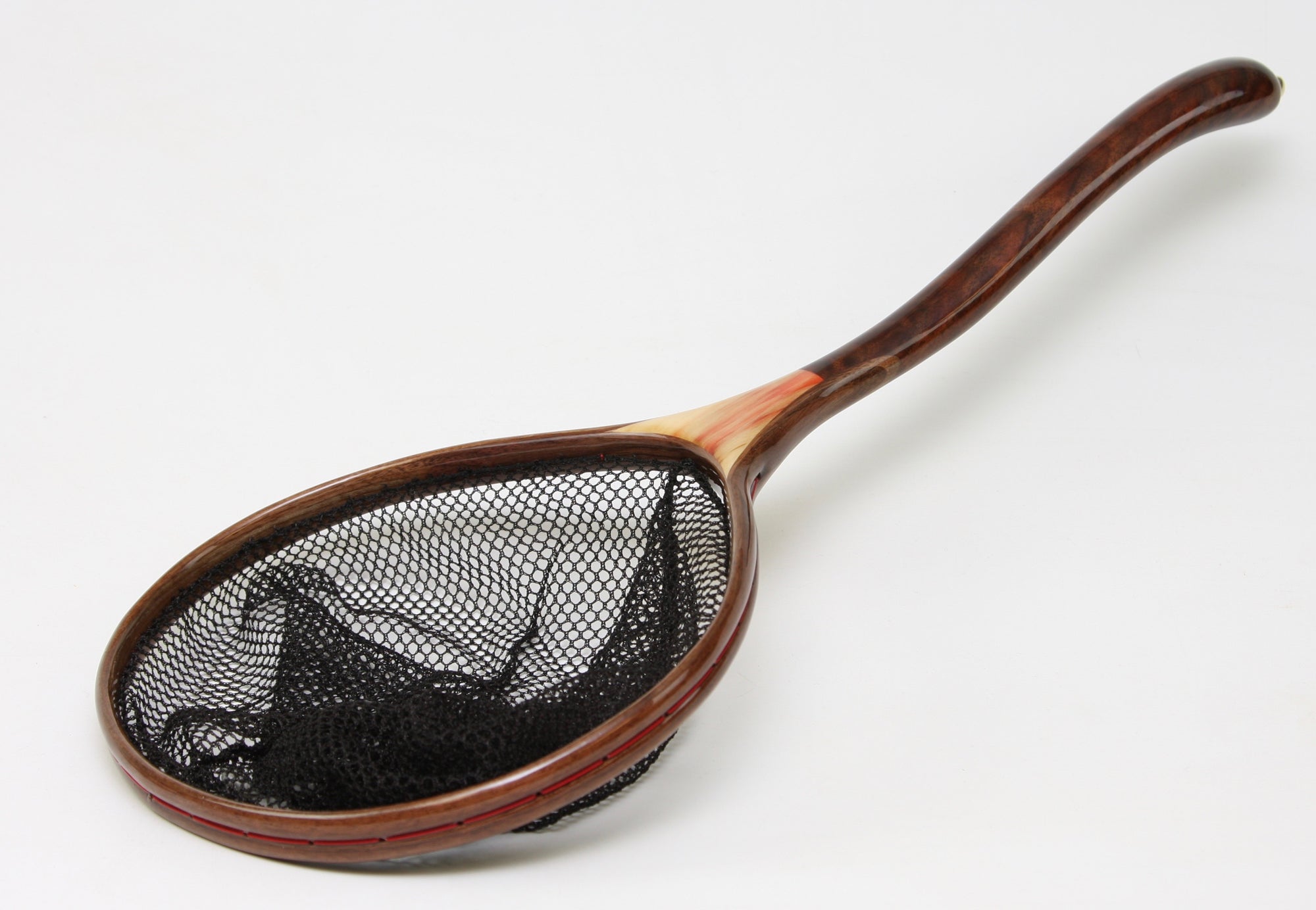 Landing net with a double curved net handle.