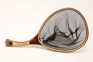 Landing net with curved handle, made of Texas ebony and maple.