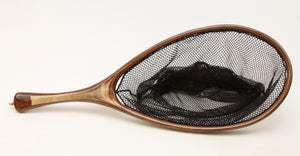 Custom landing net with handle in shades of brown, cream and gray.
