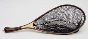 Landing net with curved handle and elongated hoop in walnut. 