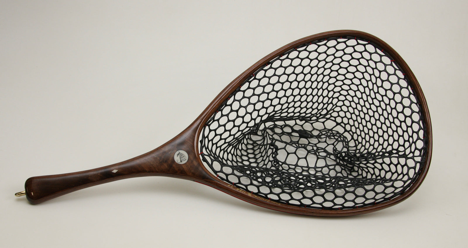 Stock Image Engraved Wood Fly Fishing Net Made from Walnut, Cherry