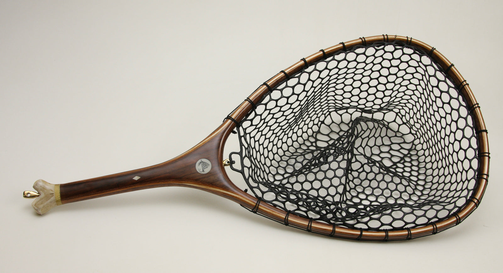 Stock Image Engraved Wood Fly Fishing Net Made from Walnut, Cherry